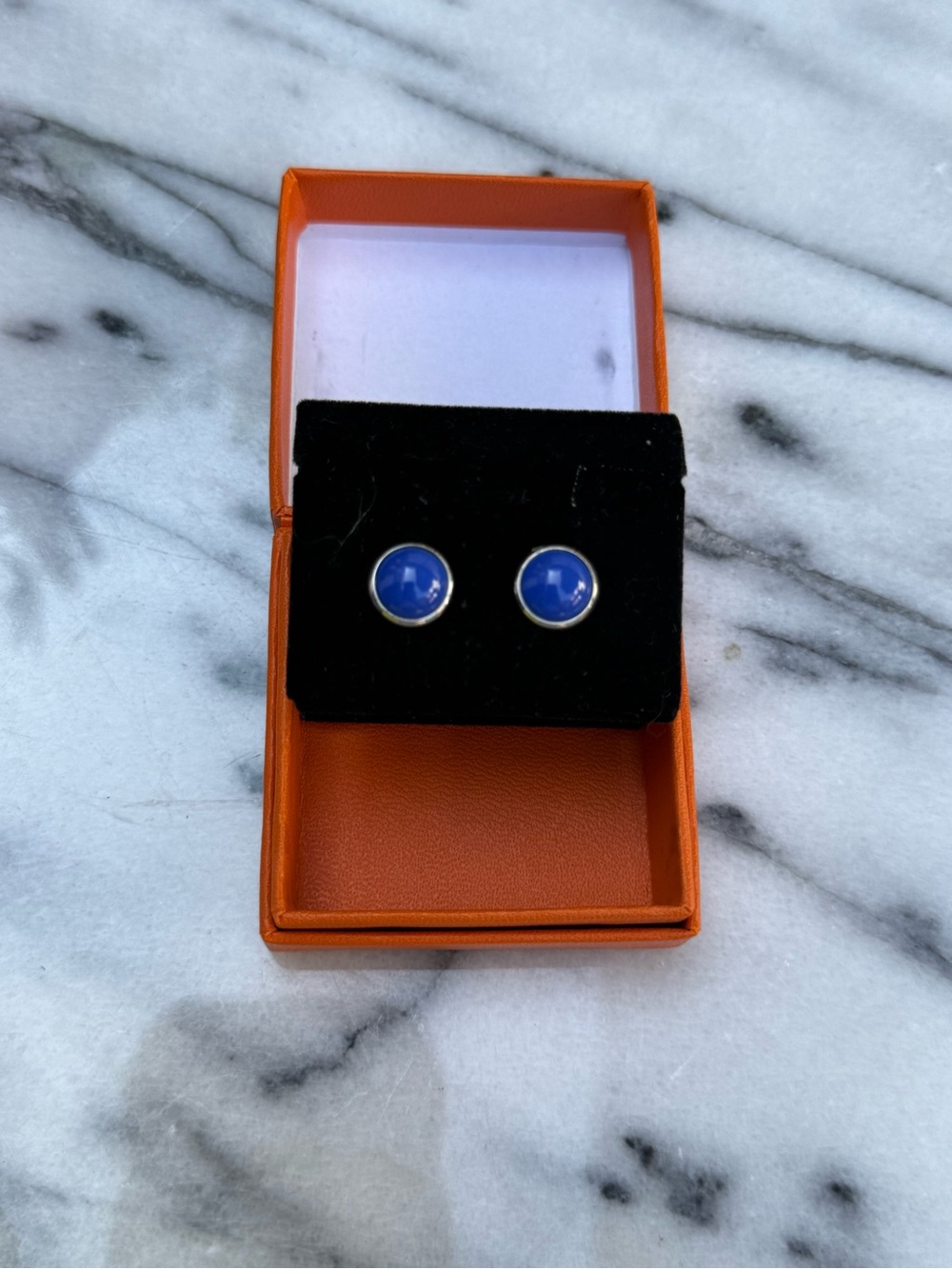 Hermès Blue Lapis Gemstone Stud Earrings w/ Silver Hardware & H Backs